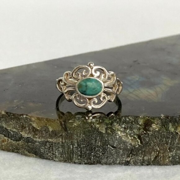Sterling Silver 925 Cutout Scrollwork Oval Simulated Turquoise Ring Sz 7.25 - Picture 1 of 16
